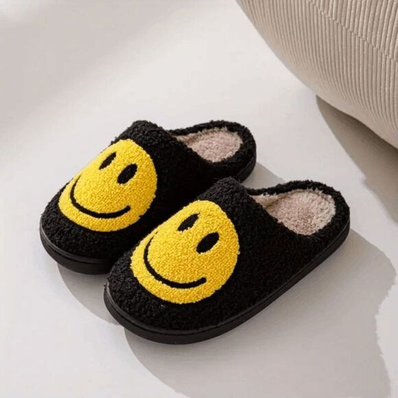 Black and Yellow Fuzzy Smiley Face Slippers Size 5.5/6 - Picture 1 of 2